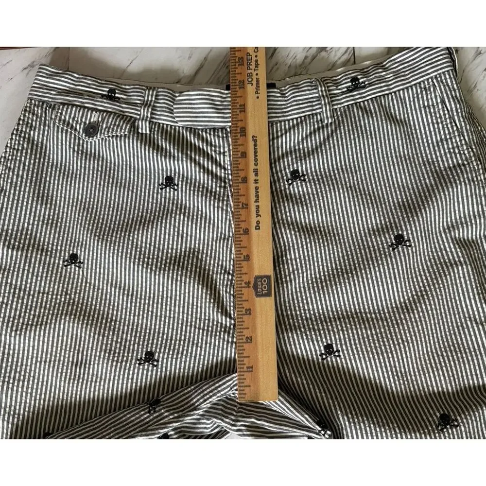 Ralph Lauren Rugby Y2K Skull‑Embroidered Grey Seersucker Shorts 9” — Men’s Sz 34